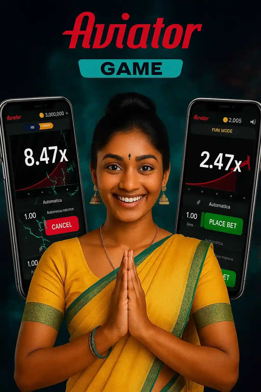 Woman in yellow sari greeting players next to smartphones displaying the Aviator game interface