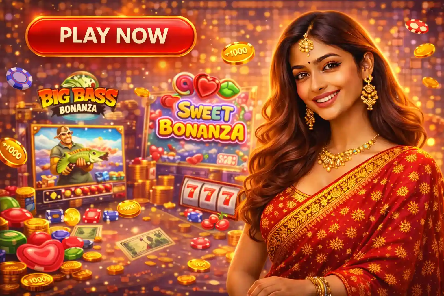 Woman in red sari posing next to popular slot games like Sweet Bonanza and Big Bass